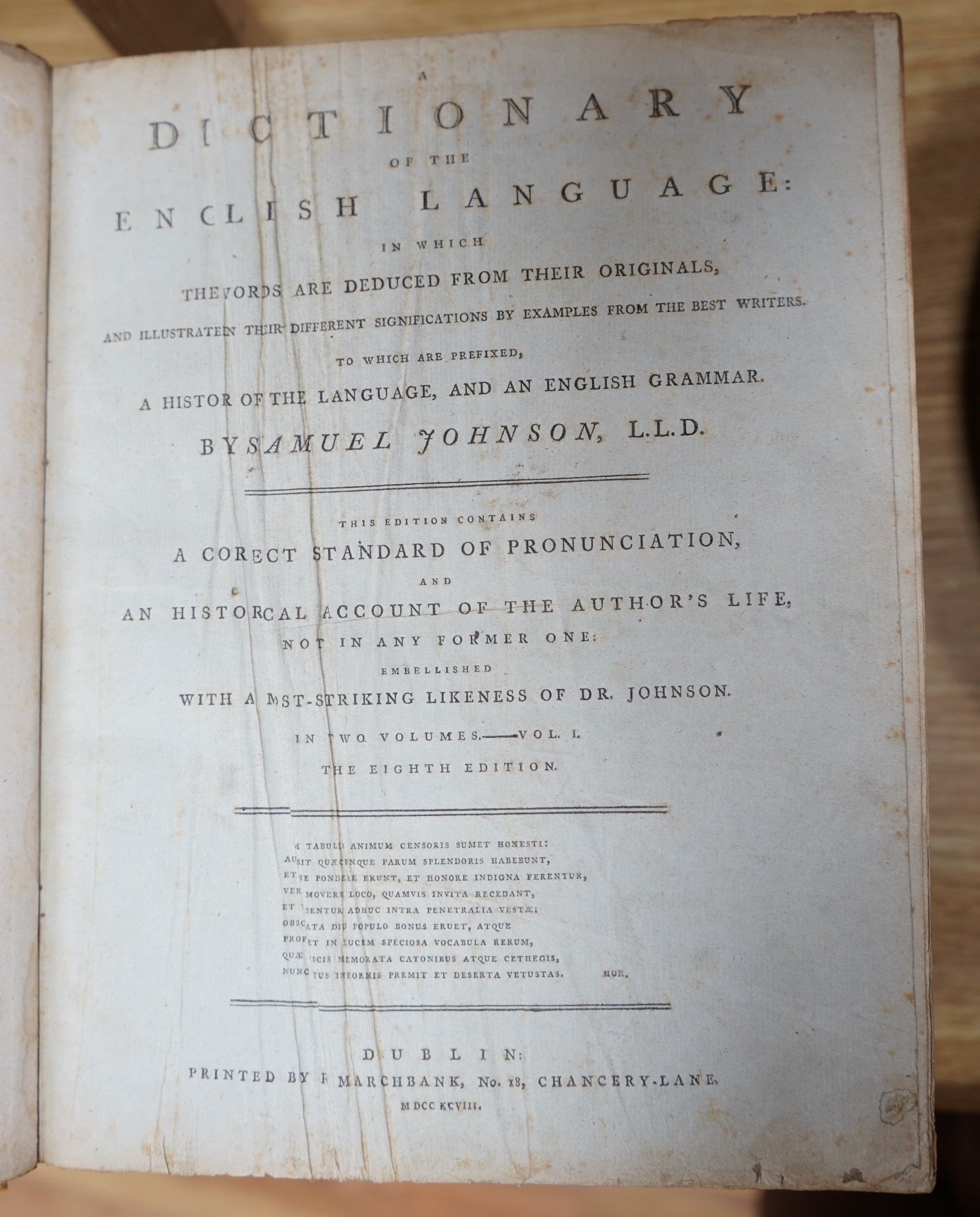 Johnson's Dictionary, 8th edition, volumes I & II, printed by R. Marchbank, Dublin. Condition - fair